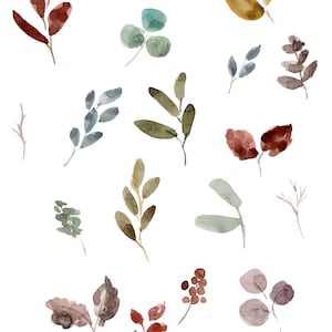 May include: A collection of 12 watercolor illustrations of fall foliage in various shades of green, brown, and blue. The leaves are arranged in a scattered pattern on a white background. The text "fall greenery" is written in black at the top of the image.