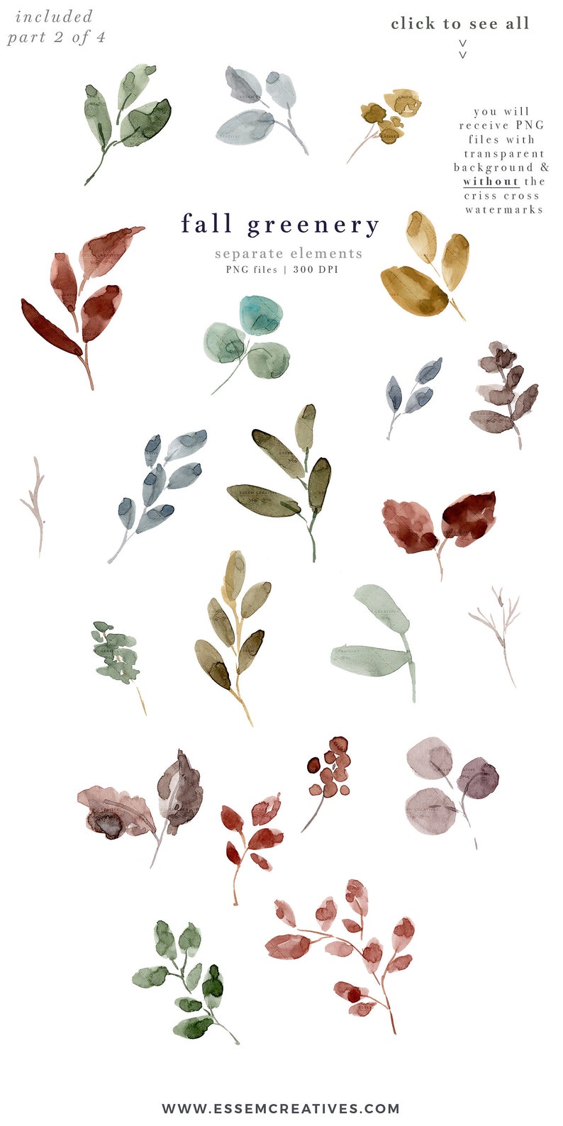 May include: A collection of 12 watercolor illustrations of fall foliage in various shades of green, brown, and blue. The leaves are arranged in a scattered pattern on a white background. The text "fall greenery" is written in black at the top of the image.