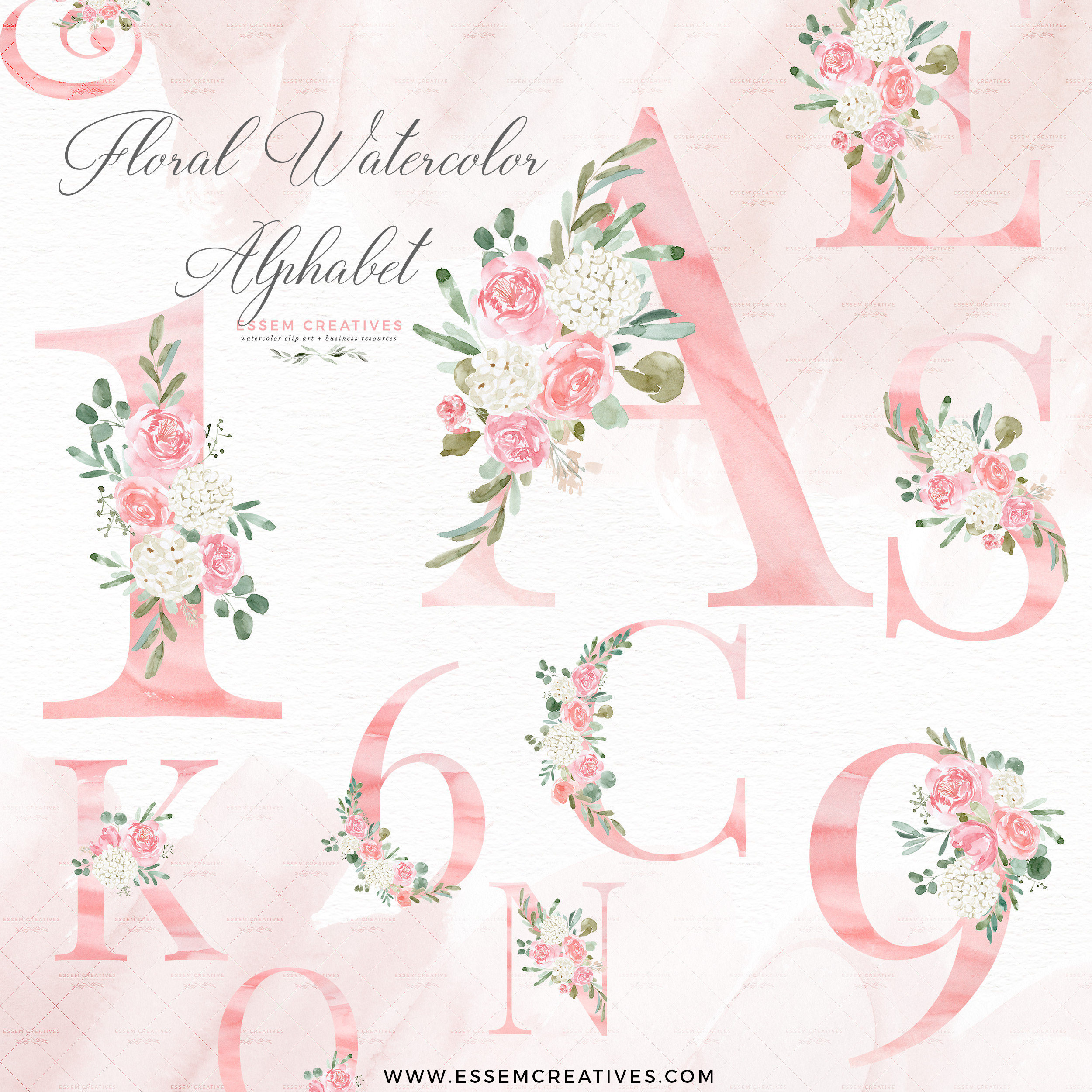Blush Watercolor Floral Alphabet Clipart, Pink White Watercolor Flowers Alphabet Clip art Letters Digits Number Font Graphic Sublimation PNG