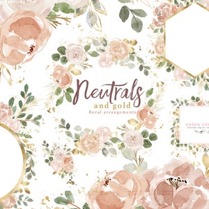 Neutrale Aquarell Blumen Clipart, Pfirsich Gold Blumen Aquarell Blumenstrauß Kranz Clipart, Rose Vintage rustikale Hochzeitseinladung Logo Grafik