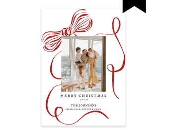 Dramatic Red Ribbon Bow Frame Christmas Card Template, Editable Holiday Photo Card Template, Printable Holiday Engagement Card, Corjl 516