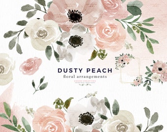 Dusty Peach Watercolor Floral Border Clipart, Sublimation Flowers PNG, Floral Bouquet Wreath Gold Frames, Digital Background Commercial Use