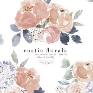 Imágenes prediseñadas de flores de acuarela rústicas, imágenes prediseñadas de borde floral, imágenes prediseñadas azul marino de rubor polvoriento PNG, gráficos de logotipo de invitación de boda rústica vintage