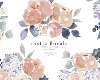Rustic Watercolor Flowers Clipart, Floral Border Clipart, Dusty Blush Navy Blue Clipart PNG, Vintage Rustic Wedding Invitation Logo Graphics