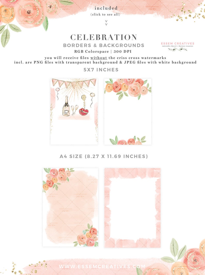 May include: Digital art featuring watercolor borders and backgrounds with a celebration theme. Includes PNG and JPEG files. The designs include floral arrangements, champagne, and balloons. The A4 size is 8.27 x 11.69 inches.
