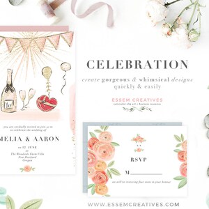 May include: Watercolor design featuring wedding invitations with champagne, balloons, and a heart-shaped gift box. The invitation includes the names Amelia & Aaron, date, and location. The text "CELEBRATION" is displayed above the invitation.