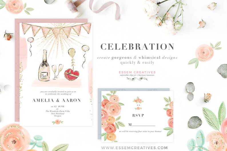 May include: Watercolor design featuring wedding invitations with champagne, balloons, and a heart-shaped gift box. The invitation includes the names Amelia & Aaron, date, and location. The text "CELEBRATION" is displayed above the invitation.