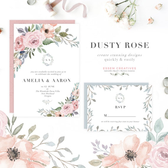 Dusty Rose Watercolor Flowers Clipart Vintage Floral Clipart Etsy