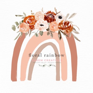 Boho arco iris clip art con flores para niña baby shower anuncio de nacimiento baby shower vivero decoración impresión, arco iris de terracota beige naranja