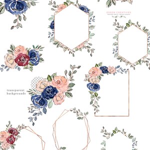 May include: A set of watercolor floral arrangements and geometric frames in blush, navy, and green colors. The frames are gold and have a transparent background. The flowers are arranged in bouquets and wreaths. The text "BLUSH & NAVY florals" and "included (part 1 of 4)" is at the top of the image. The text "FLORAL ARRANGEMENTS & FRAMES" is in the middle of the image. The text "12 x 12 inches | PNG files | RGB Colorspace | 300 DPI" is below the text "FLORAL ARRANGEMENTS & FRAMES". The text "transparent backgrounds" is on the left side of the image. The text "you will receive PNG files with transparent background & without the criss cross watermarks" is in the bottom middle of the image. The text "WWW.ESSEMCREATIVES.COM" is at the bottom of the image.