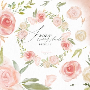 Spring Summer Floral Clipart, Wreath Clipart, Boho Blush Pink Cream Peach Watercolor Frame Border Bouquet, Rustic Flower Art Sublimation PNG