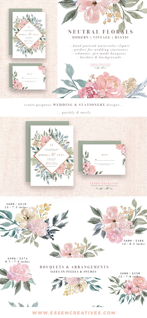 Neutral Watercolor Flowers Clipart Watercolor Background Etsy