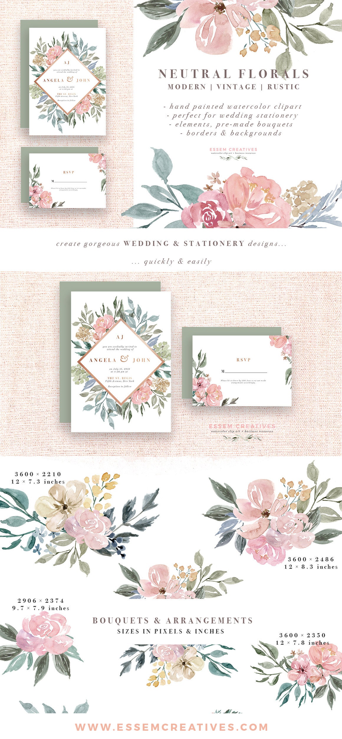 Neutral Watercolor Flowers Clipart, Watercolor Background, Rustic Vin…