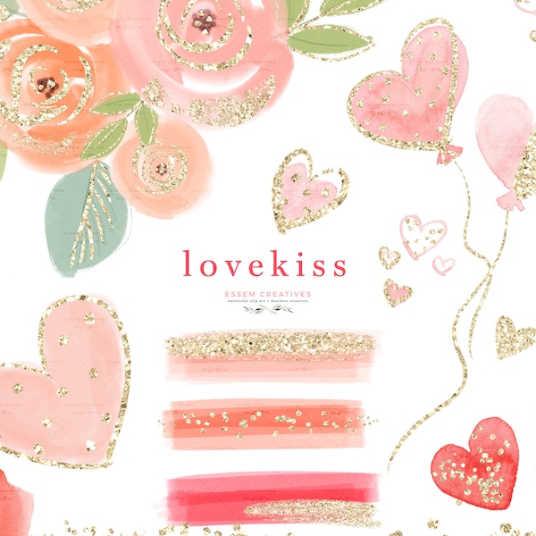 Aquarell Herzen Liebe Clipart, Valentinstag Clipart, Pinselstriche Gold Konfetti Overlay PNG, Mädchen Kinderzimmer, Florale Karte, PartyEinladung