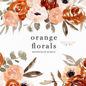 Orange Floral Clipart, Boho Wreath Clipart, Watercolor Floral Frame Clipart, Floral Bouquet PNG, Rustic Burnt Orange Peach Flowers Clipart