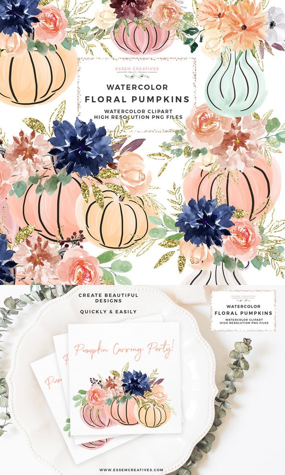 Floral Pumpkin Clipart, Watercolor Pumpkin Vase, Fall Flower Borders, Autumn Harvest Graphics, Burgundy Navy Flowers Halloween Die Cut PNG