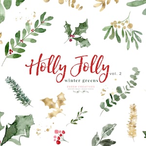 Aquarell Weihnachtscliparts, Wintergrün Blätter Zweig Clip Art, Holly Jolly Evergreen Eukalyptus Mistelzweig Beere Kiefer festliche Grafik