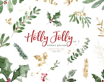 Watercolor Christmas Clipart, Winter Greenery Leaves Branch Clip Art, Holly Jolly Evergreen Eucalyptus Mistletoe Berry Pine Festive Graphics