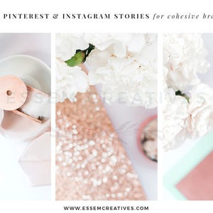 Puede incluir: Un collage de tres im&aacute;genes con flores blancas, un carrete de cinta de madera y un fondo de purpurina dorada. El texto "use on PINTEREST & INSTAGRAM STORIES for cohesive branding" est&aacute; en la parte superior de la imagen.