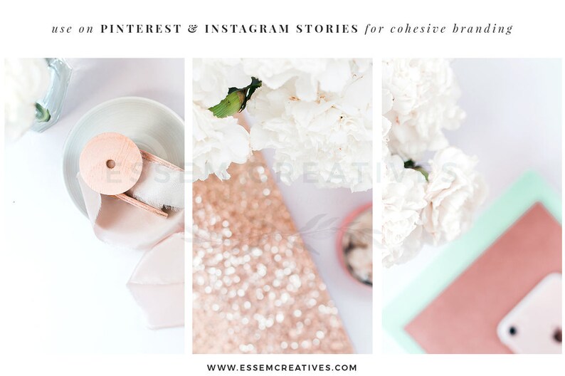 Puede incluir: Un collage de tres im&aacute;genes con flores blancas, un carrete de cinta de madera y un fondo de purpurina dorada. El texto "use on PINTEREST & INSTAGRAM STORIES for cohesive branding" est&aacute; en la parte superior de la imagen.
