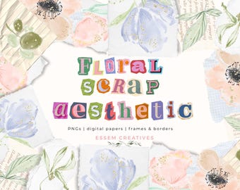 Floral Scrapbook Aesthetic Digital PNGs Sublimation PNG, Girl Birthday Craft Theme Graphics, Creative Hobby Invitation Background Frames
