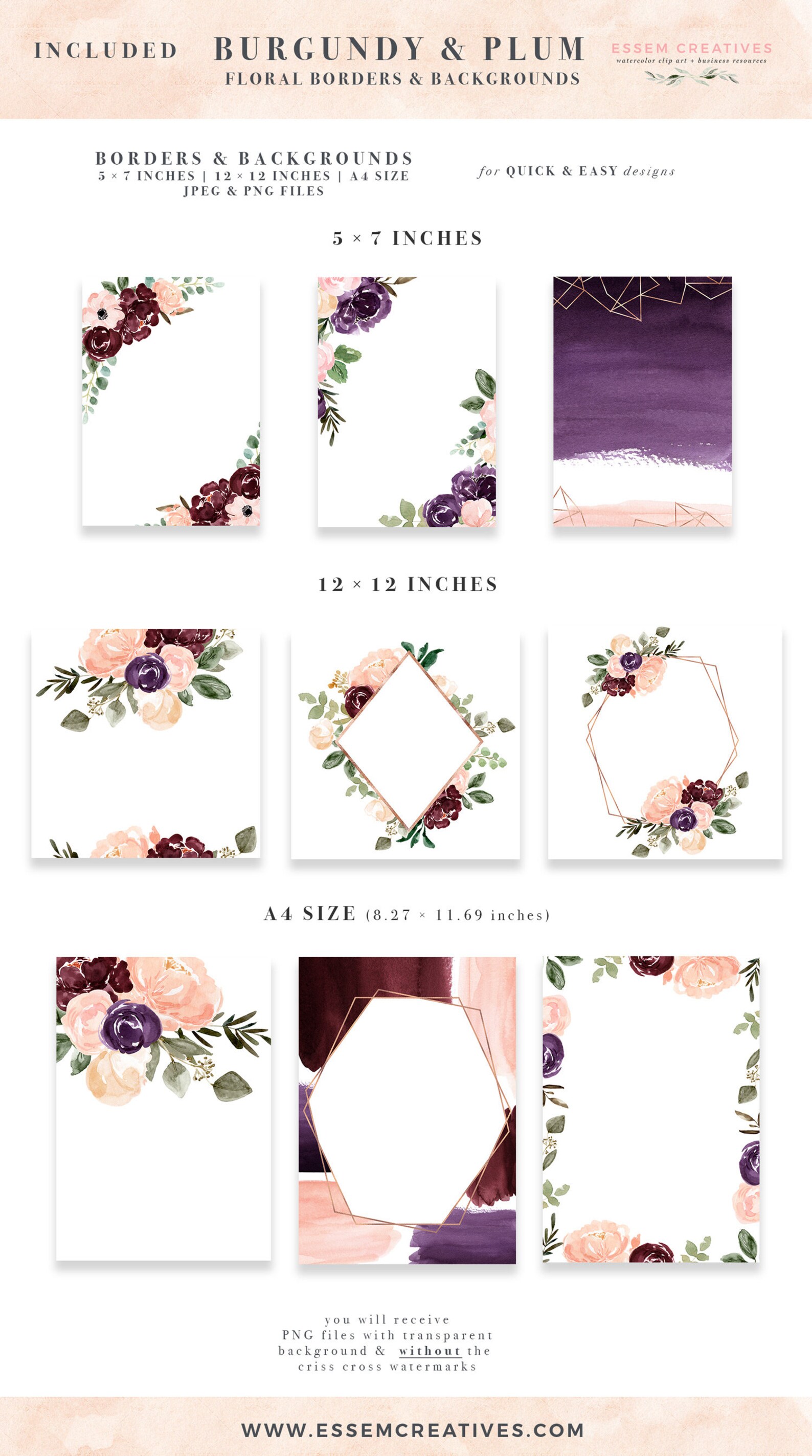 Burgundy Blush Watercolor Floral Borders Plum Rose Gold | Etsy