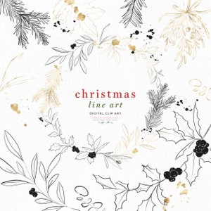 Clipart de guirlanda de arte de linha de Natal, clipart de Holly Jolly, belas artes PNG verde de inverno, clipart de visco, clipart de cartão de férias preto branco dourado
