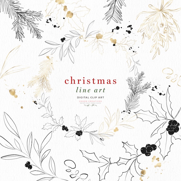 Christmas Line Art Wreath Clipart, Holly Jolly Clip Art, Fine Art Winter Green PNG, Mistletoe Clipart, Holiday Card Clipart Black White Gold