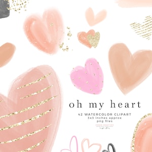 Aquarel Harten Clipart, Valentijnsdag PNG Grafische Illustraties, Digitale Planner Stickers, Penseelstreken, Gouden Glitter Scrapbooking