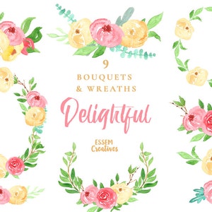 May include: Nine watercolor floral bouquets and wreaths in shades of pink, yellow, and green. The text "9 Bouquets & Wreaths Delightful Essem Creatives" is displayed below the floral arrangements.