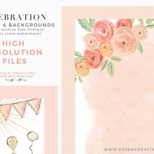 May include: Digital art featuring watercolor floral arrangements in peach, orange, and gold. The image includes text that reads "CELEBRATION BORDERS & BACKGROUNDS" and "HIGH RESOLUTION FILES". The design is suitable for various creative projects.