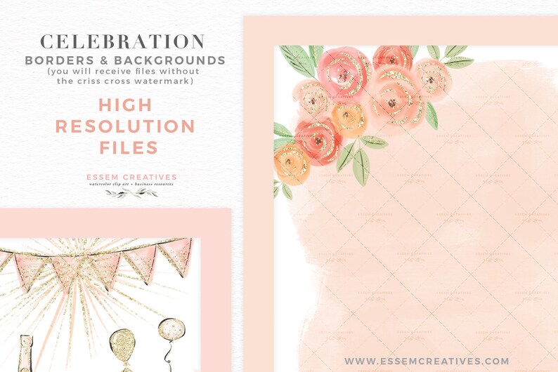 May include: Digital art featuring watercolor floral arrangements in peach, orange, and gold. The image includes text that reads "CELEBRATION BORDERS & BACKGROUNDS" and "HIGH RESOLUTION FILES". The design is suitable for various creative projects.