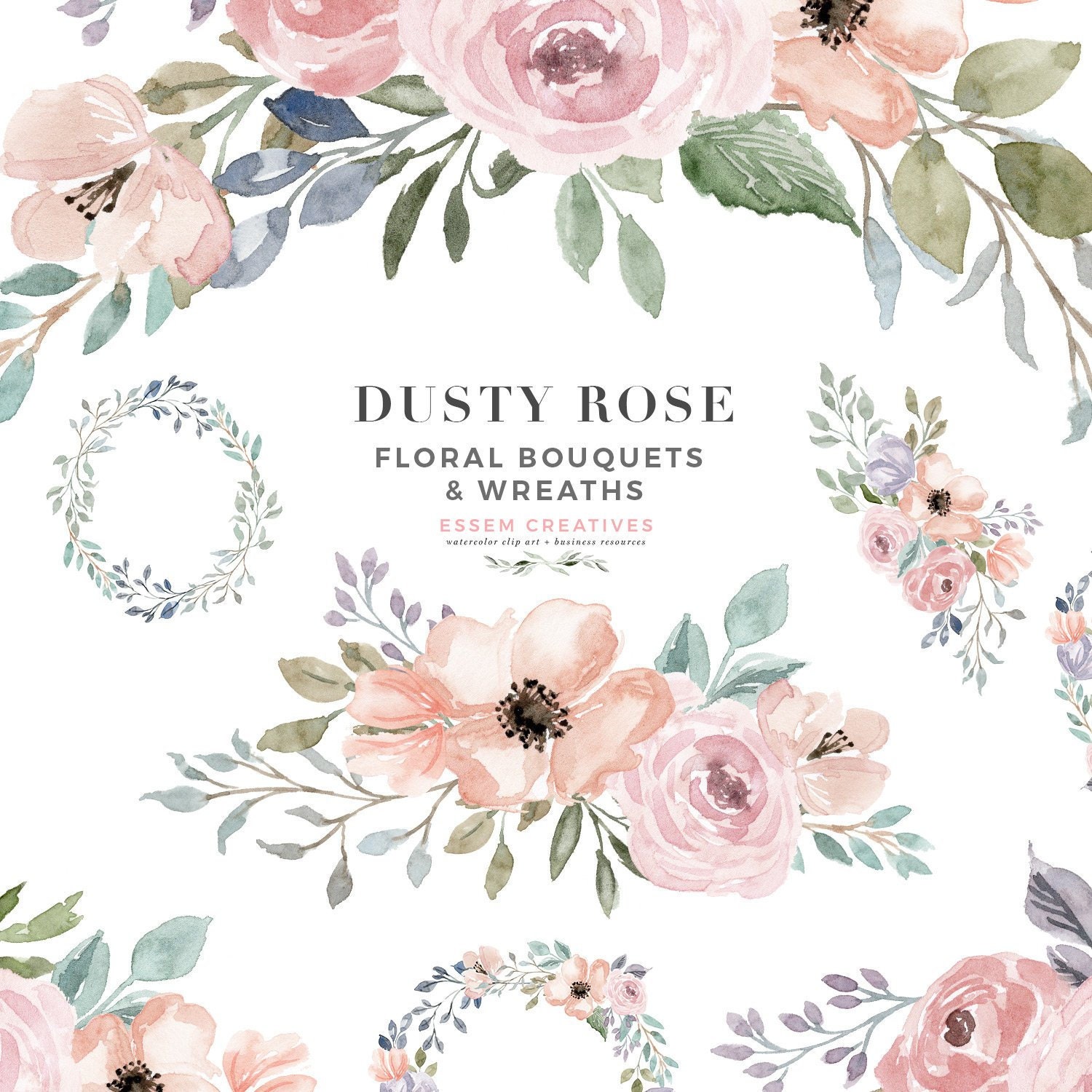 Dusty Rose Floral Watercolor Wreath Clipart, Floral Border Clipart, D…