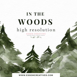 Może przedstawiać: Akwarela przedstawiająca las z zielonymi drzewami i tekstem "IN THE WOODS wysoka rozdzielczość ESSEM CREATIVES grafika wektorowa i zasoby biznesowe www.essemcreatives.com"