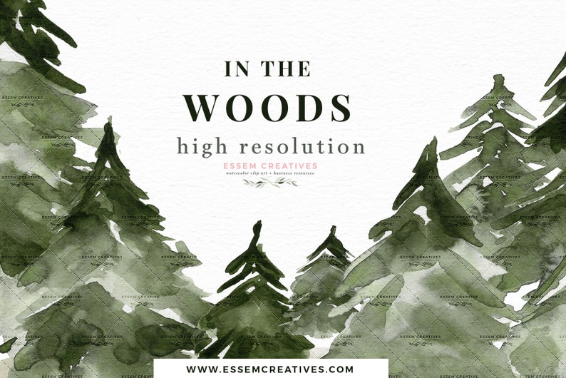Może przedstawiać: Akwarela przedstawiająca las z zielonymi drzewami i tekstem "IN THE WOODS wysoka rozdzielczość ESSEM CREATIVES grafika wektorowa i zasoby biznesowe www.essemcreatives.com"