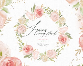 Blush Pink Floral Gold Wreath Clipart, Watercolor Clipart, Boho Rose Cream Peach Circle Border Pastel Flower Clip Art Sublimation Wreath PNG