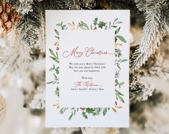 Greenery Border Christmas Card Template, Watercolor Foliage Holiday Card 2023, Printable Editable Greeting, Instant Download Edit Corjl 489