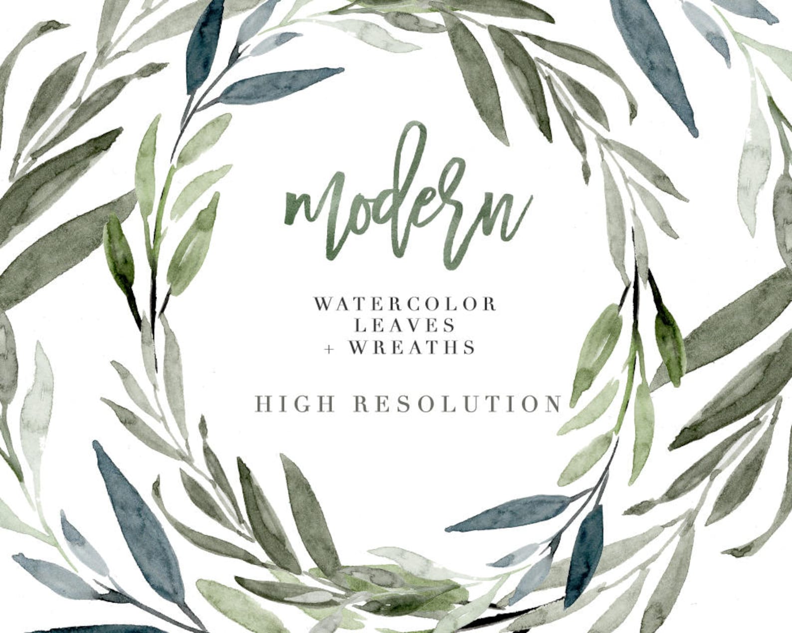 Watercolor Leaves Clipart Modern Leaf Wreath Green Branch