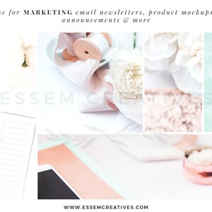 Puede incluir: Una imagen de plano con un port&aacute;til, una libreta, un tel&eacute;fono y un cuenco con una flor blanca dentro. El fondo es una acuarela de color azul claro y blanco. El texto "ESSEM CREATIVES" es visible en la imagen.