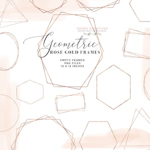 May include: A set of 12 rose gold geometric frames in various shapes, including circles, hexagons, and triangles. The frames are empty and ready to be used for digital or printed projects.