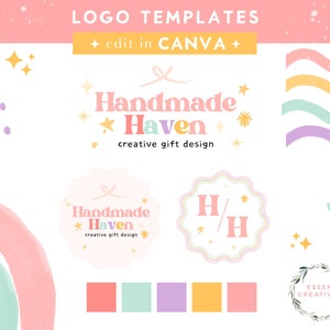 May include: Logo templates for a business called "Handmade Haven" that creates creative gift designs. The logo features a pink and white circle with the text "Handmade Haven" and a pink ribbon. The logo also features a pink and white circle with the letters "H/H" in pink. The colour palette includes pink, light green, purple, yellow, and white.