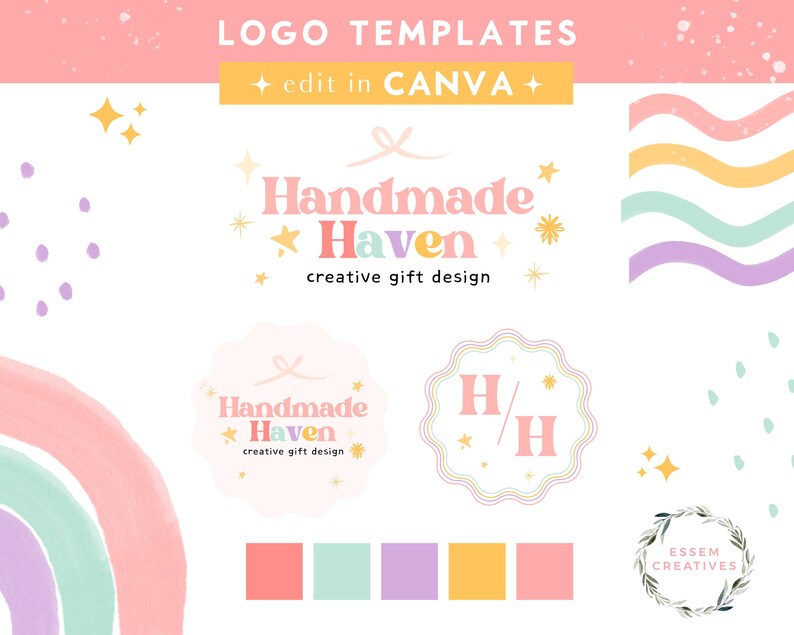 May include: Logo templates for a business called "Handmade Haven" that creates creative gift designs. The logo features a pink and white circle with the text "Handmade Haven" and a pink ribbon. The logo also features a pink and white circle with the letters "H/H" in pink. The colour palette includes pink, light green, purple, yellow, and white.