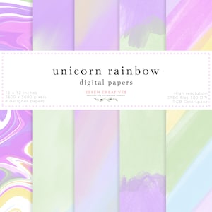 Unicorn rainbow digital paper pack Set de 8 12x12 pouces, rayures colorées coup de pinceau aquarelle texture pour scrapbooking fond