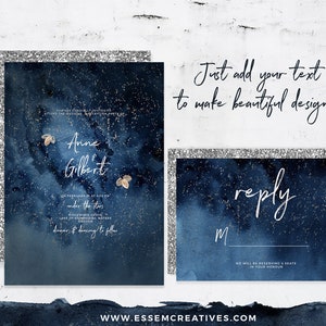 May include: Two navy blue wedding invitation cards with silver glitter borders. The larger card has a watercolor background with gold glitter stars and the text "Anne & Gilbert" and "under the stars". The smaller card has the text "reply" and "M" with a line for a name.