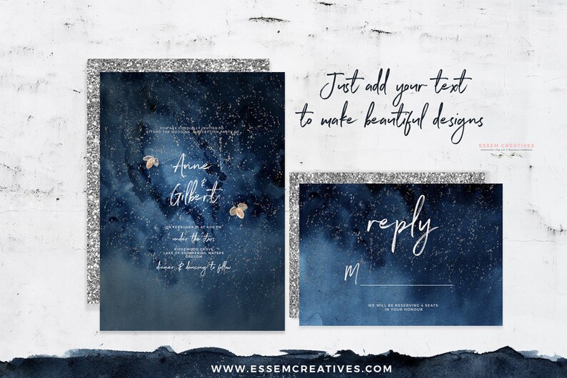 May include: Two navy blue wedding invitation cards with silver glitter borders. The larger card has a watercolor background with gold glitter stars and the text "Anne & Gilbert" and "under the stars". The smaller card has the text "reply" and "M" with a line for a name.