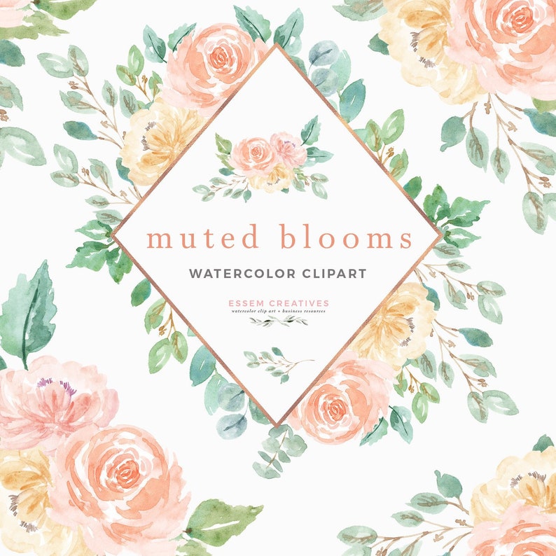 Aquarelle Fleurs Clipart, Fleurs en sourdine Printemps Floral Aquarelle Clip art, Cadres floraux numériques Graphiques, Pêches et Bordure de pivoine crème image 1