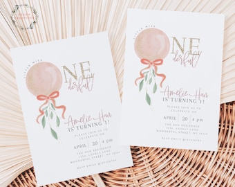 Little Miss Onederful Invitation Template, Onederful Birthday Invitation, Girl First Birthday, Pink Balloon Red Bow Gold Fairy Sparkle 502