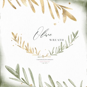 Clipart de couronne d’olive, feuillage aquarelle couronne de laurier feuilles de branche, couronne de feuilles numériques rustiques PNG clipart floral pour les invitations de mariage