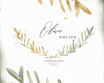 Olive Wreath Clipart, Watercolor Foliage Laurel Wreath Branch Leaves, Rustic Digital Leaf Wreath PNG Floral Clipart for Wedding Invitations