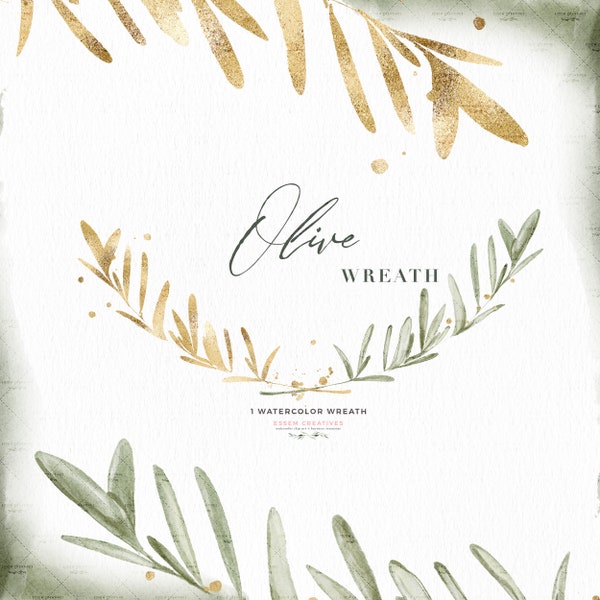 Olive Wreath Clipart, Watercolor Foliage Laurel Wreath Branch Leaves, Rustic Digital Leaf Wreath PNG Floral Clipart for Wedding Invitations